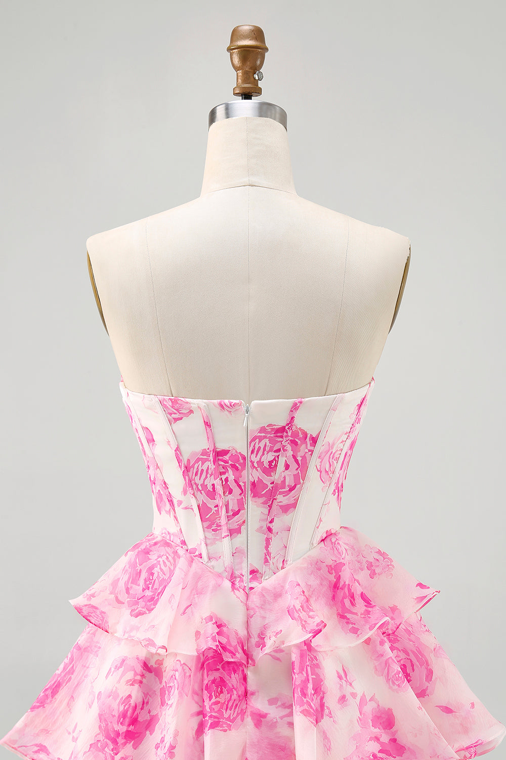 Gorset bez ramiączek w kształcie litery A Warstwowa krótka sukienka w kwiaty w kolorze fuksji