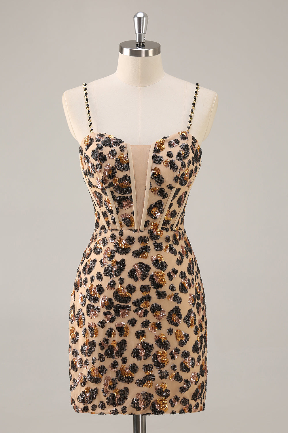 Kahki Leopard Gorset Bodycon Krótka sukienka na powrót do domu z cekinami