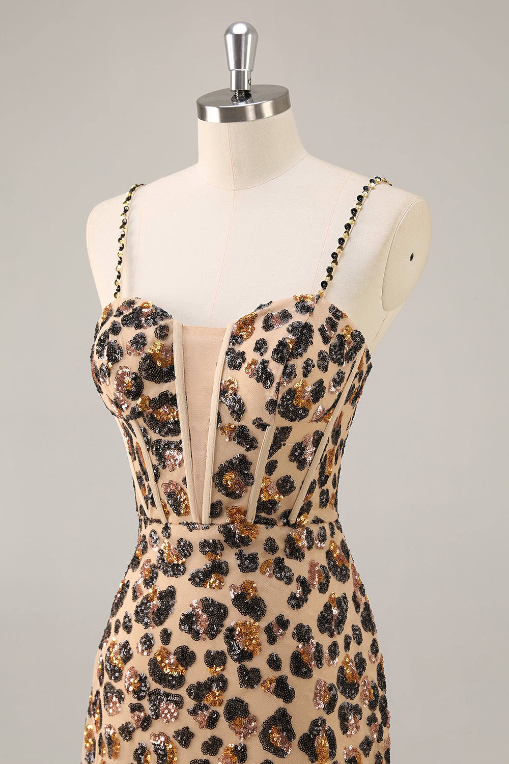 Kahki Leopard Gorset Bodycon Krótka sukienka na powrót do domu z cekinami