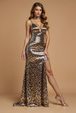 Złota Leopard Cheetah Print Sheath Długa Świąteczna Sukienka Na Imprezę Z Rozcięciem