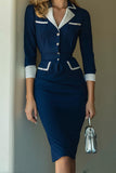 Granatowa ołówkowa 2-częściowa sukienka robocza midi z klapami z wyciętymi klapami