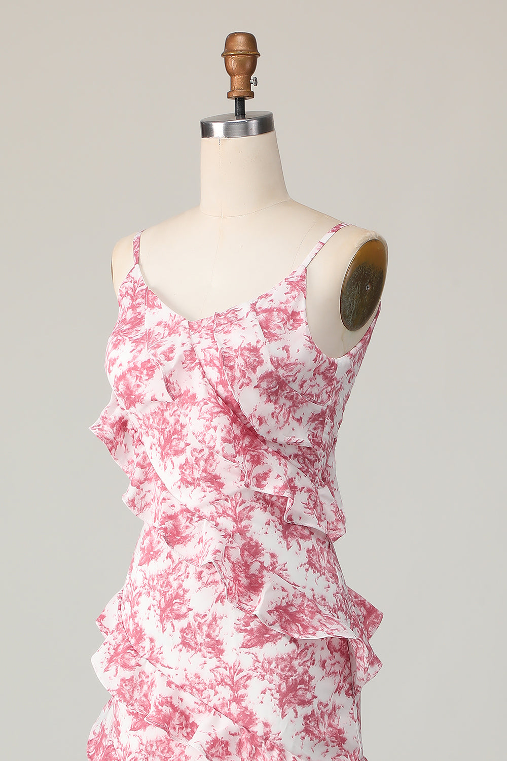 Różowy Kwiat Cienkich Ramiączkach Długa Osłona Sukienki Na Wesele z Falbankami