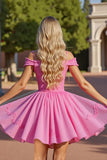 Różowa gorset z zimnym ramieniem krótka sukienka na powrót do domu z aplikacjami