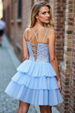 Błękitna warstwowa gorsetowa krótka sukienka z okazji powrotu do domu z aplikacjami