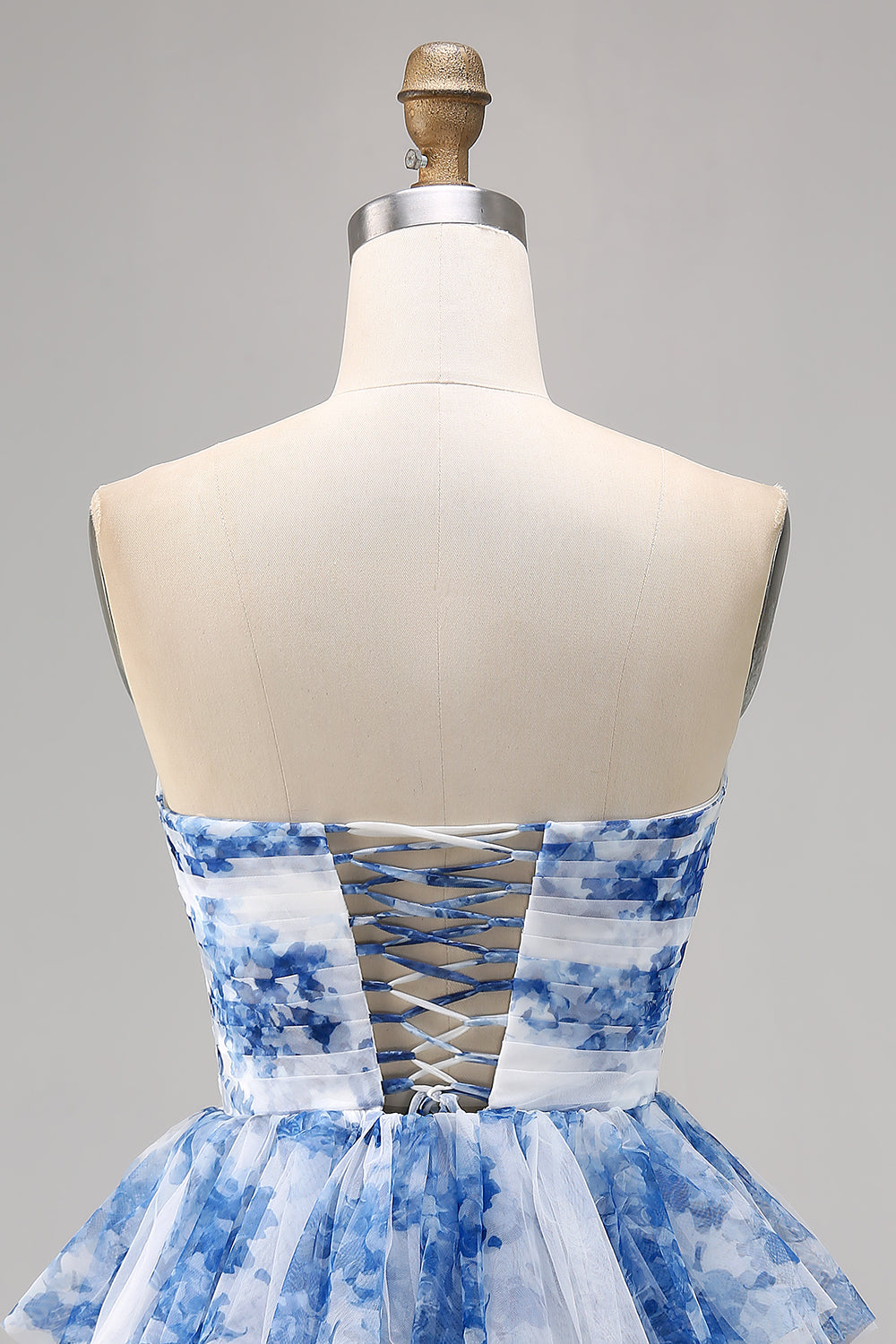 Linia bez ramiączek warstwowy gorset biały niebieski kwiat sukienka na powrót do domu z koronką z tyłu