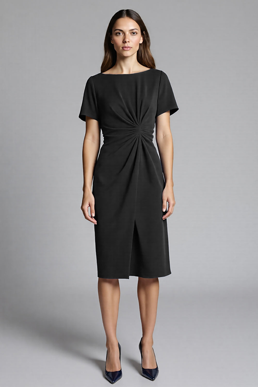 Granatowa sukienka robocza midi z marszczeniami