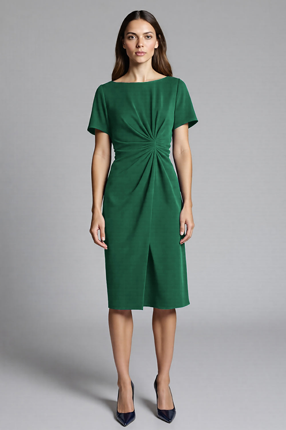 Granatowa sukienka robocza midi z marszczeniami