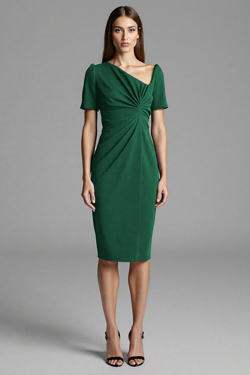 Granatowa sukienka robocza z krótkim rękawem z marszczeniami