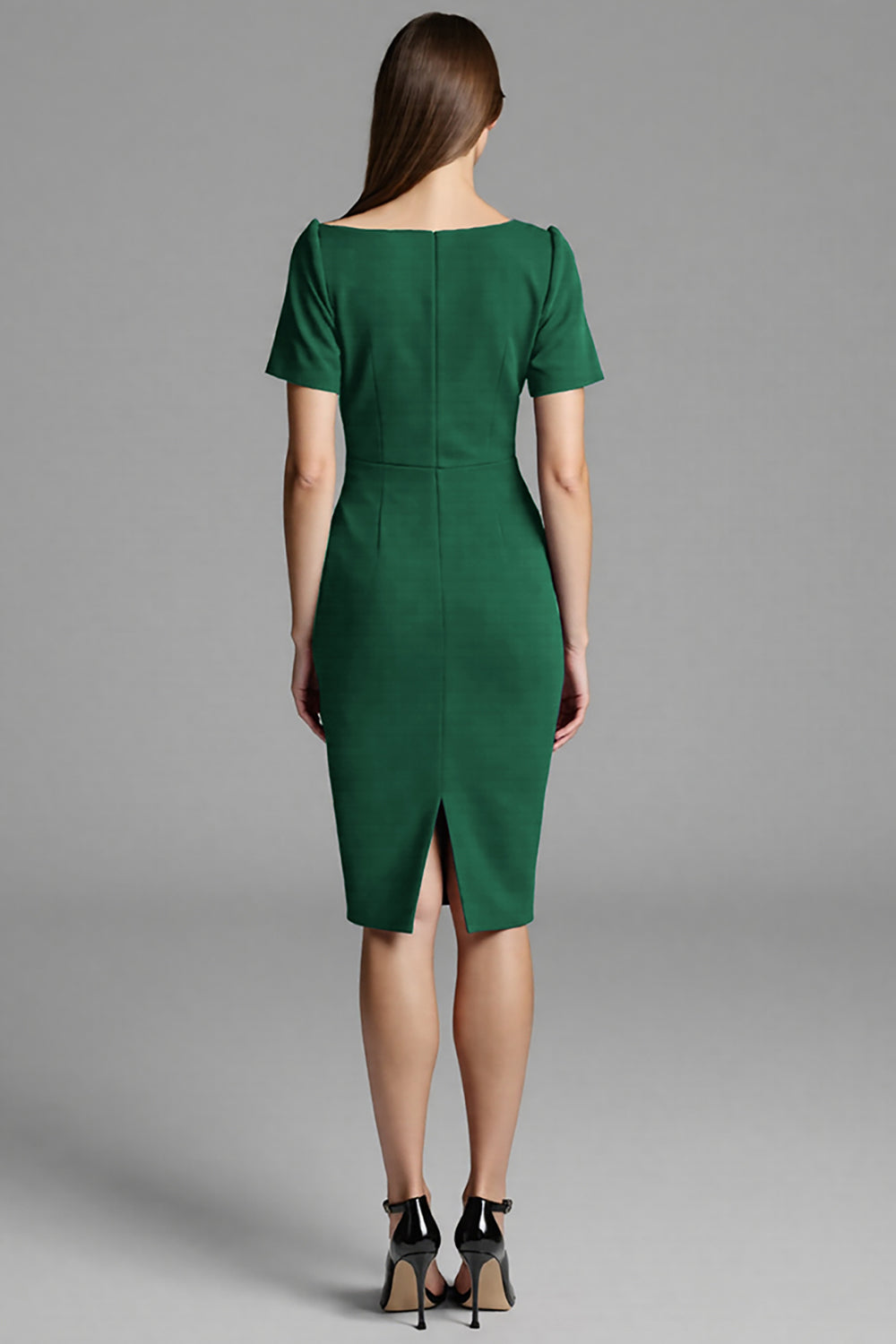 Granatowa sukienka robocza z krótkim rękawem z marszczeniami