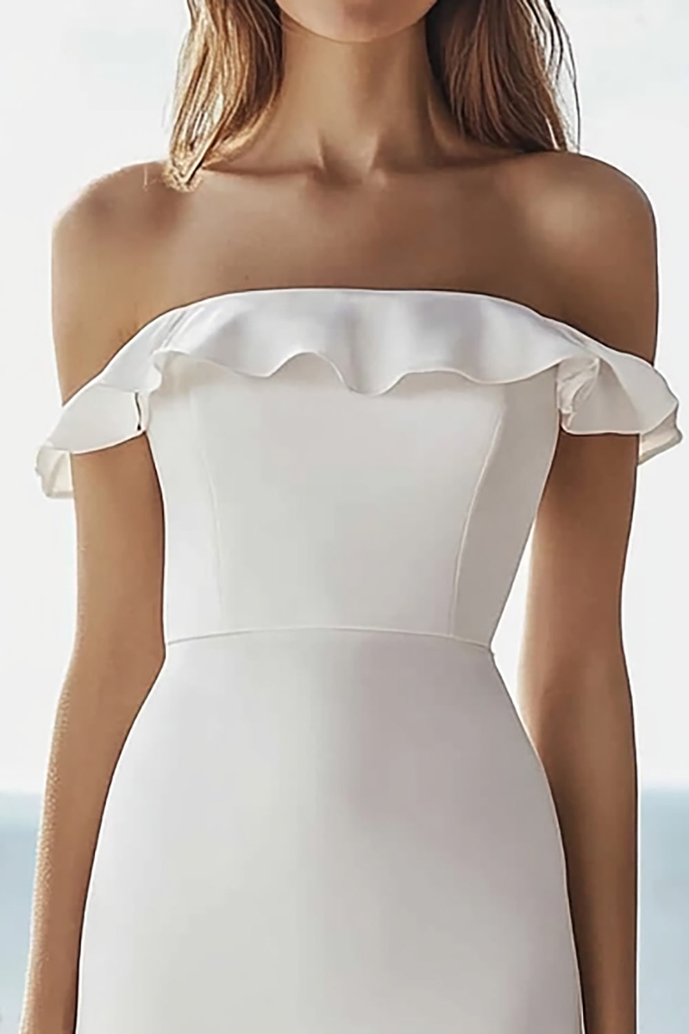 Ivory Off the Shoulder Prosta sukienka zaręczynowa midi z falbankami