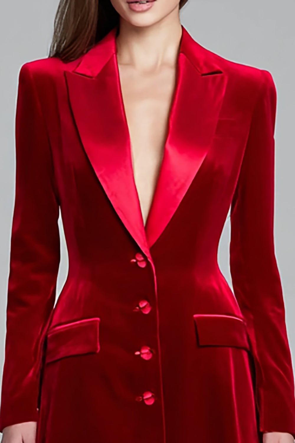 Bordowa aksamitna jednorzędowa sukienka z klapami w klapy