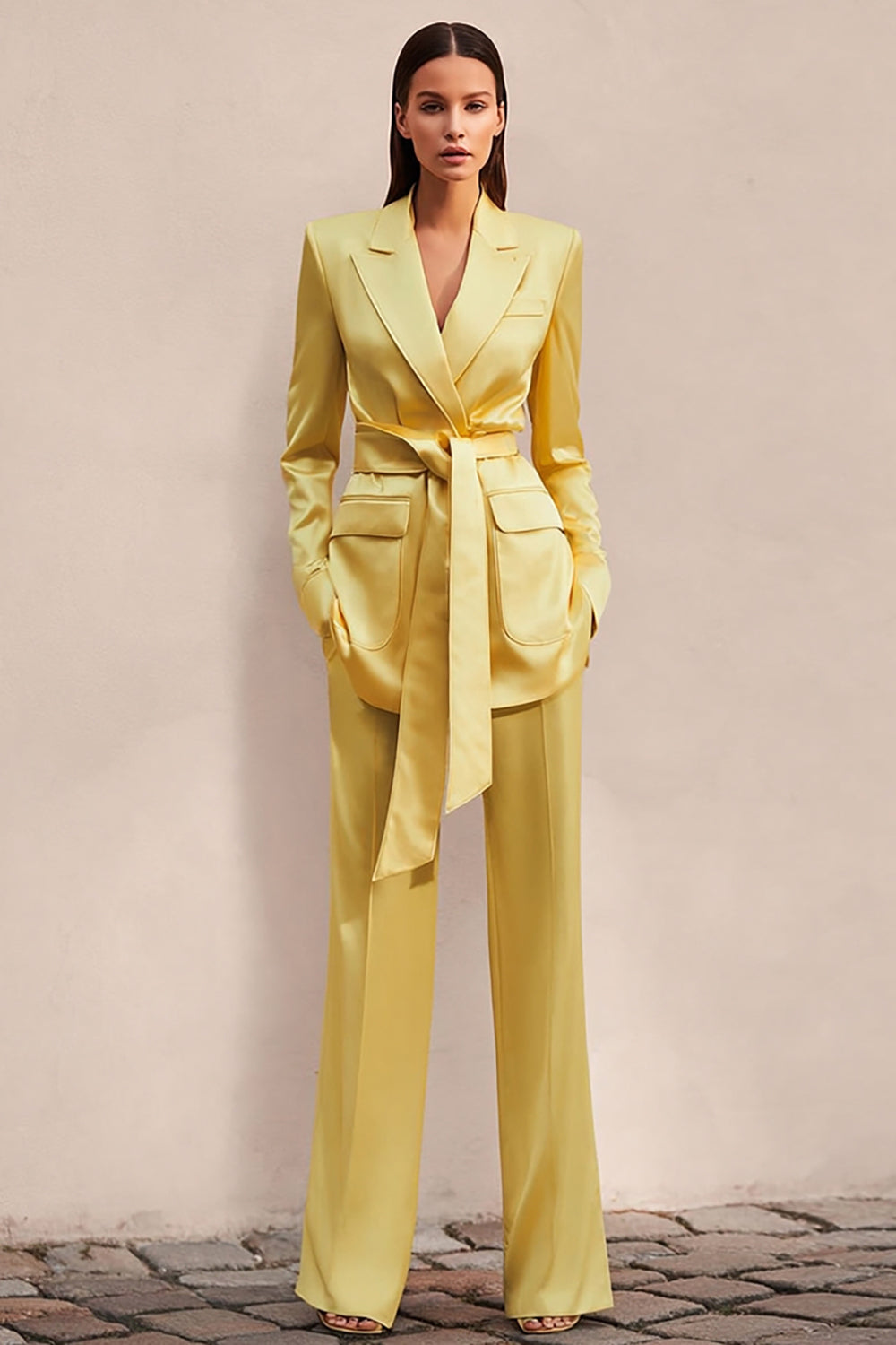 Żonkil Satin Peak Lapel 2-częściowe garnitury biznesowe z paskiem