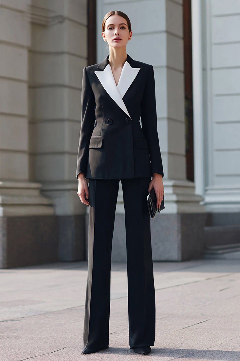 Czarne 2-częściowe garnitury biznesowe z klapami z nacięciami i rękawami