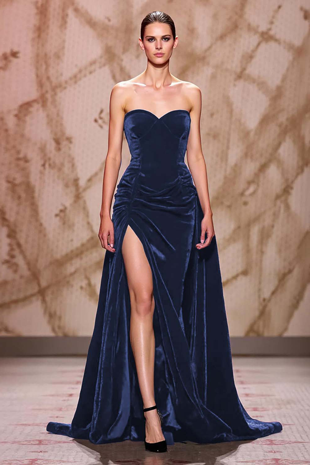 Aksamitna Ciemnoczerwona Kochanie Długa Suknia Wieczorowa Z Rozcięciem