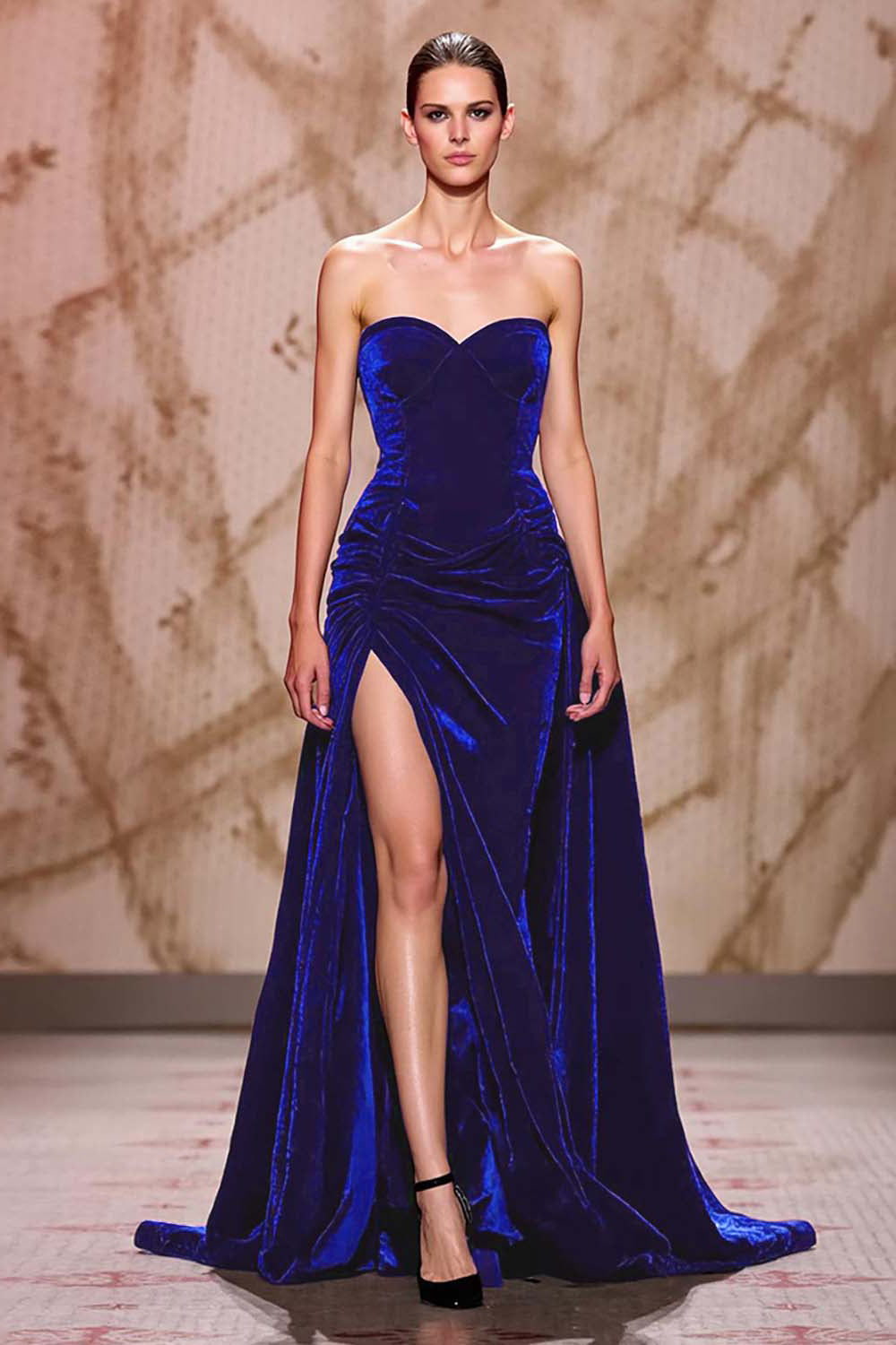 Aksamitna Ciemnoczerwona Kochanie Długa Suknia Wieczorowa Z Rozcięciem