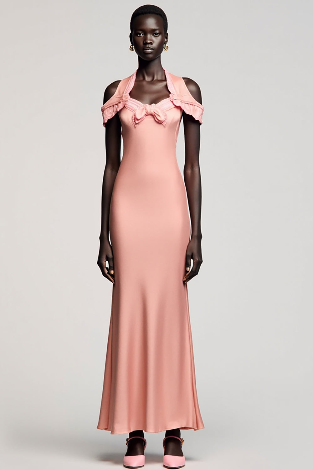 Zimna syrenka na ramię różowa sukienka dla gości weselnych z kokardą