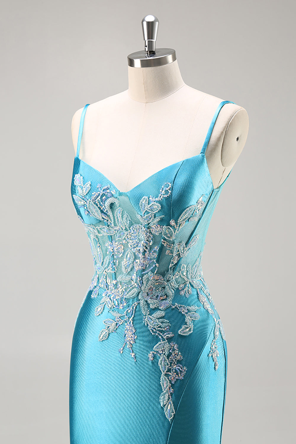 Niebieski Syrenka Satynowe Gorset Długa Sukienka Na Studniówkę z Rozcięciem