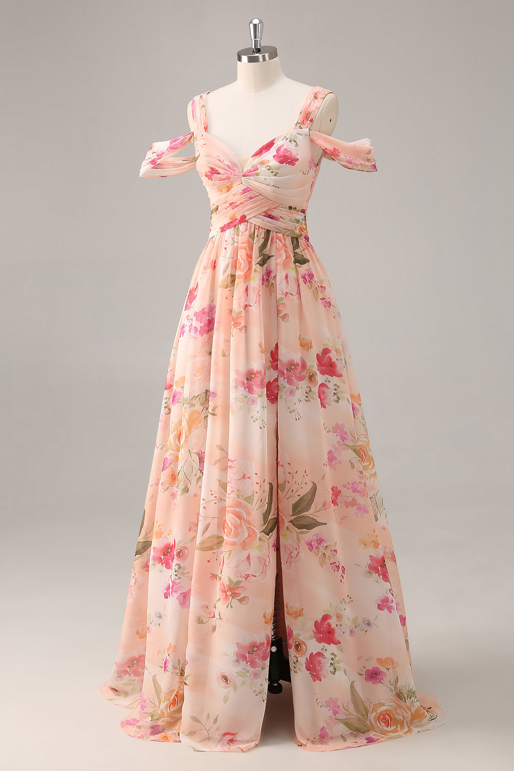 Różowy Kwiat Kształcie Litery A Zimne Ramię Długa Sukienki Na Wesele z Rozcięciem