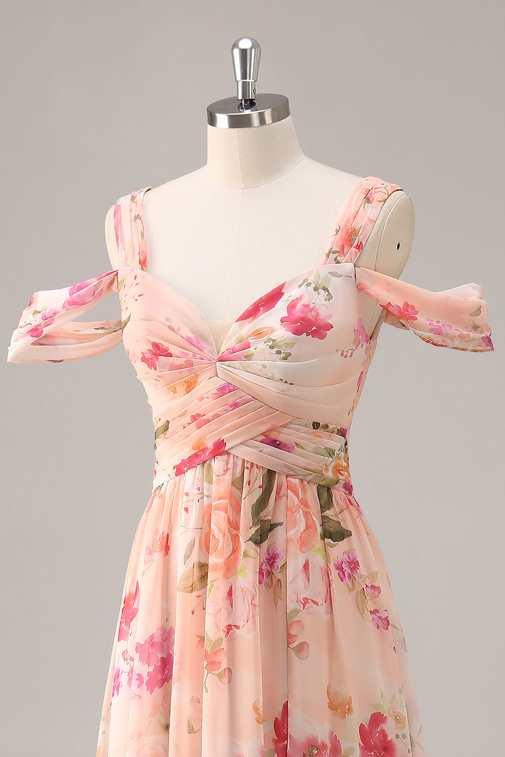 Różowy Kwiat Kształcie Litery A Zimne Ramię Długa Sukienki Na Wesele z Rozcięciem