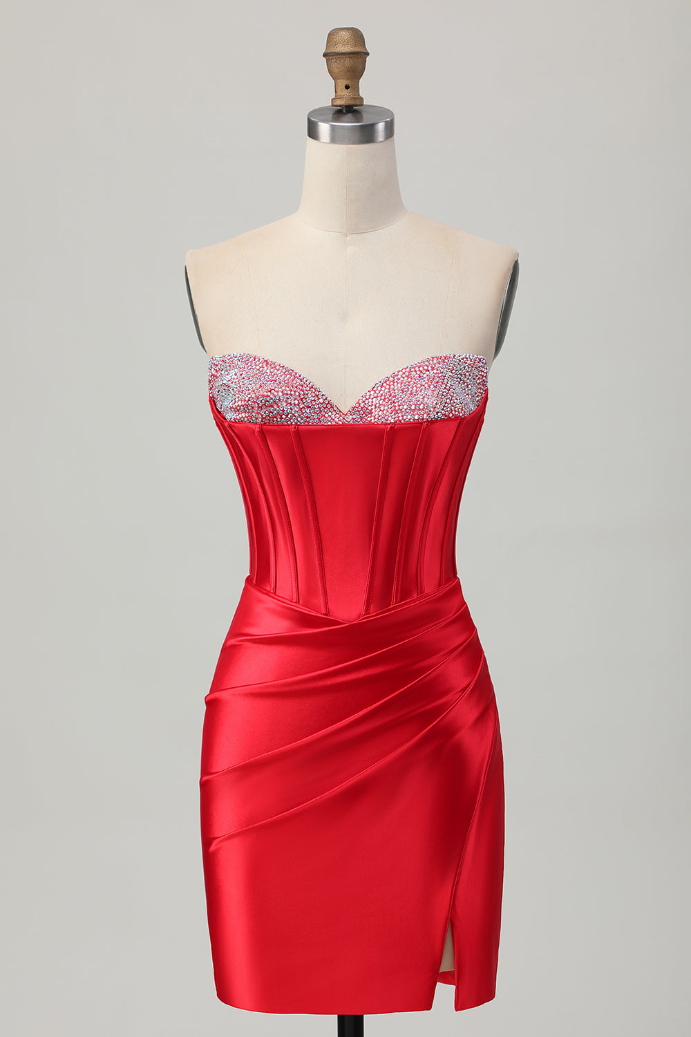 Czerwona bodycon bez ramiączek gorset z koralikami sukienka na powrót do domu z rozcięciem