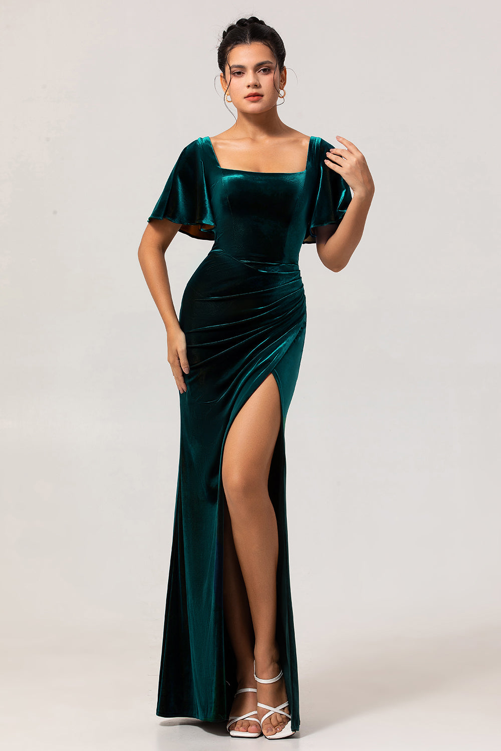 Peacock Green Velvet Smantle Sukienka dla druhen z krótkimi rękawami