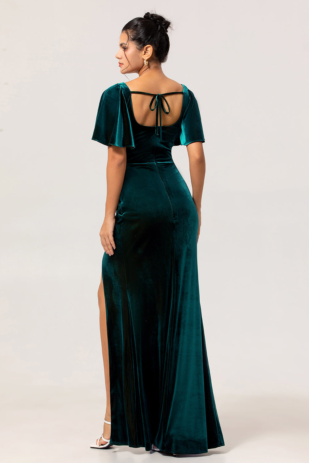 Peacock Green Velvet Smantle Sukienka dla druhen z krótkimi rękawami