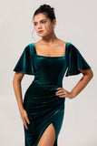 Peacock Green Velvet Smantle Sukienka dla druhen z krótkimi rękawami