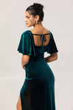 Peacock Green Velvet Smantle Sukienka dla druhen z krótkimi rękawami