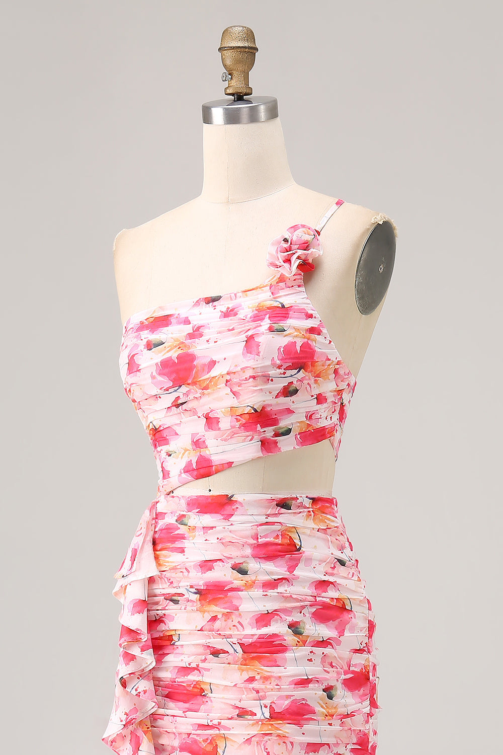 Różowa Kwiatowa Długa Osłona Na Jedno Ramię Sukienki Na Wesele z Falbankami