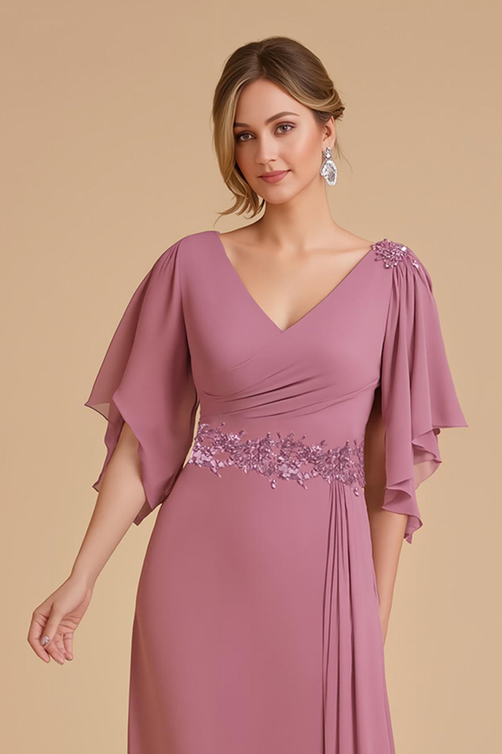 Dusty Rose A Line Flutter Sleeve Szyfonowa sukienka dla gości weselnych z aplikacjami