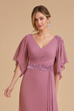 Dusty Rose A Line Flutter Sleeve Szyfonowa sukienka dla gości weselnych z aplikacjami