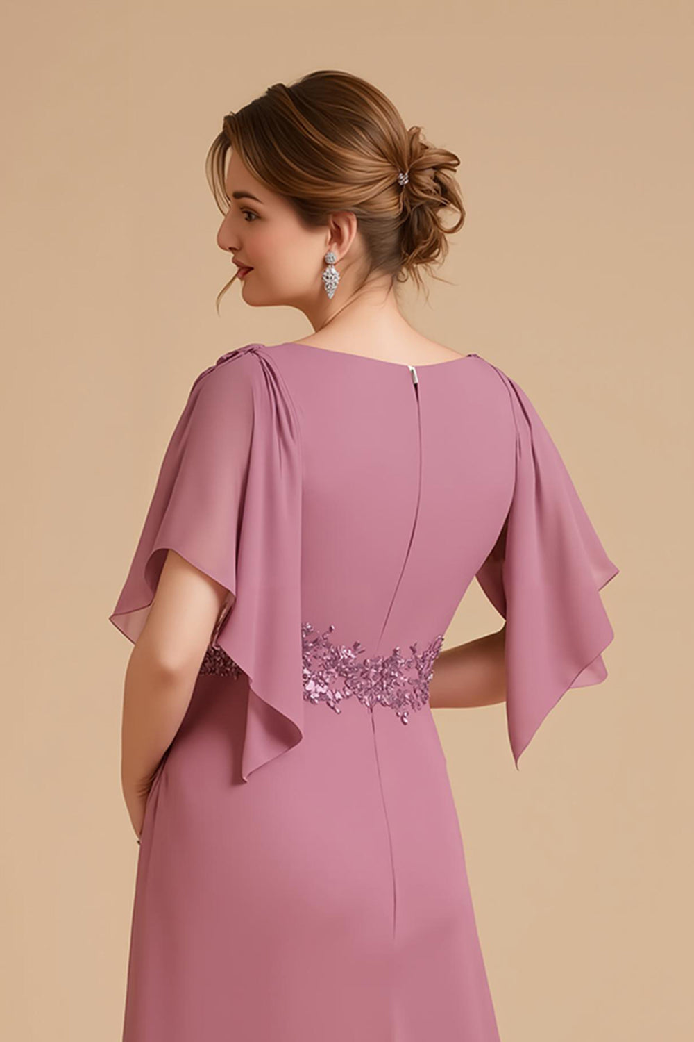 Dusty Rose A Line Flutter Sleeve Szyfonowa sukienka dla gości weselnych z aplikacjami