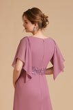 Dusty Rose A Line Flutter Sleeve Szyfonowa sukienka dla gości weselnych z aplikacjami