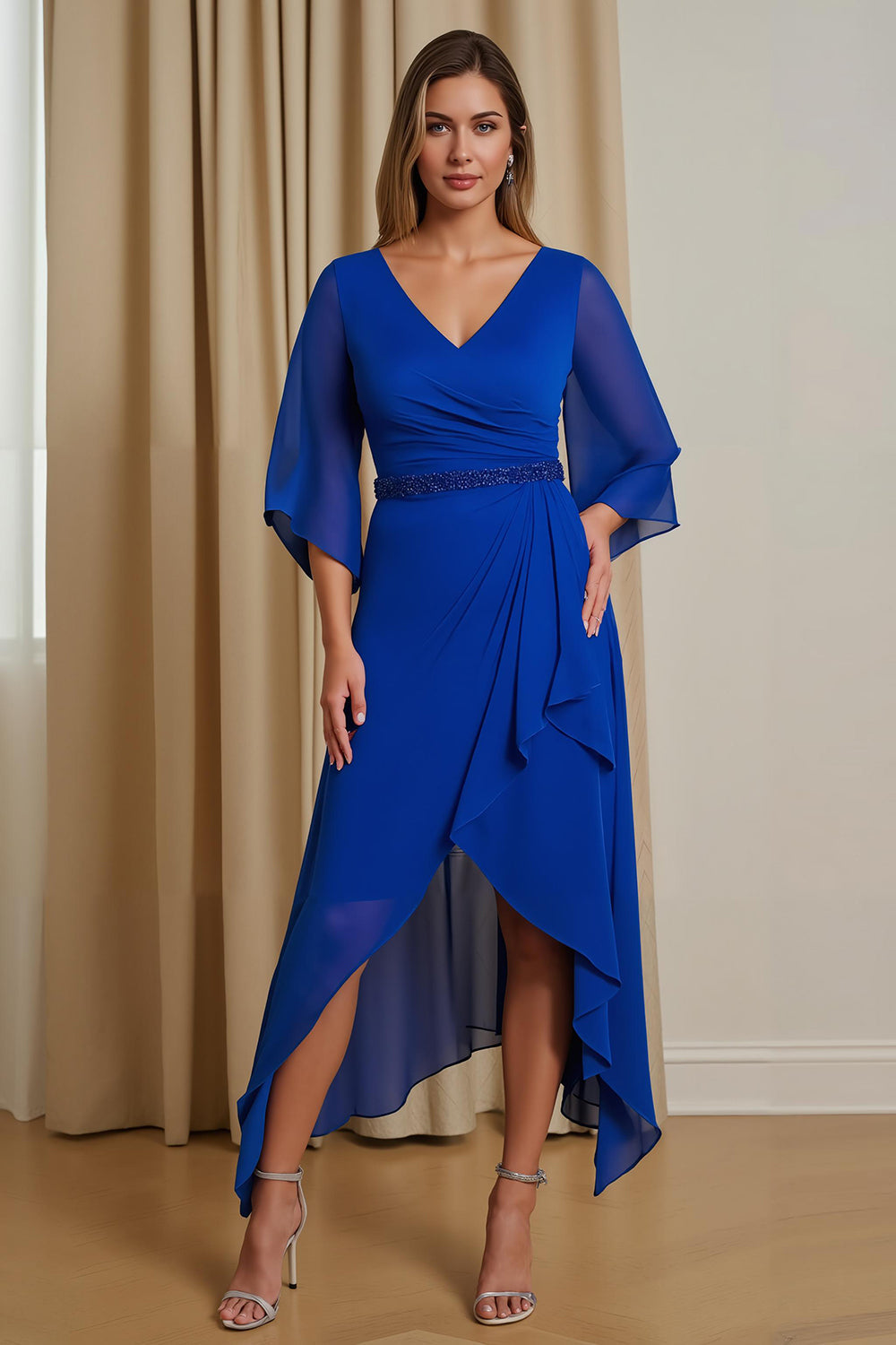 Krój A Royal Blue Dekolt w serek 3/4 rękaw Szyfon Sukienka dla matki panny młodej z falbankami