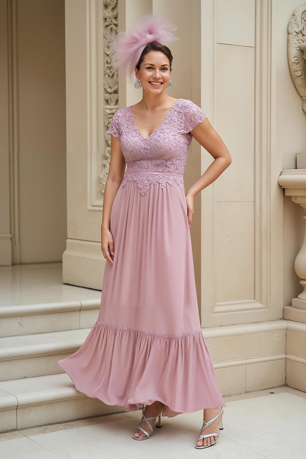 Dusty Rose Linia A Dekolt W Szpic Długa Sukienka Dla Matki Panny Młodej Z Koronką