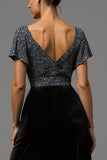 Błyszcząca Czarno-Szara Aksamitna Długa Dekolt V Sukienki Wieczorowe z Cekinowe