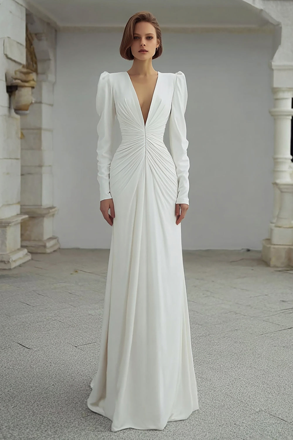 Ivory V-Neck Ruched Strench Suknia ślubna z długim rękawem