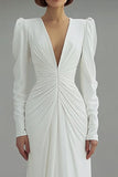 Ivory V-Neck Ruched Strench Suknia ślubna z długim rękawem
