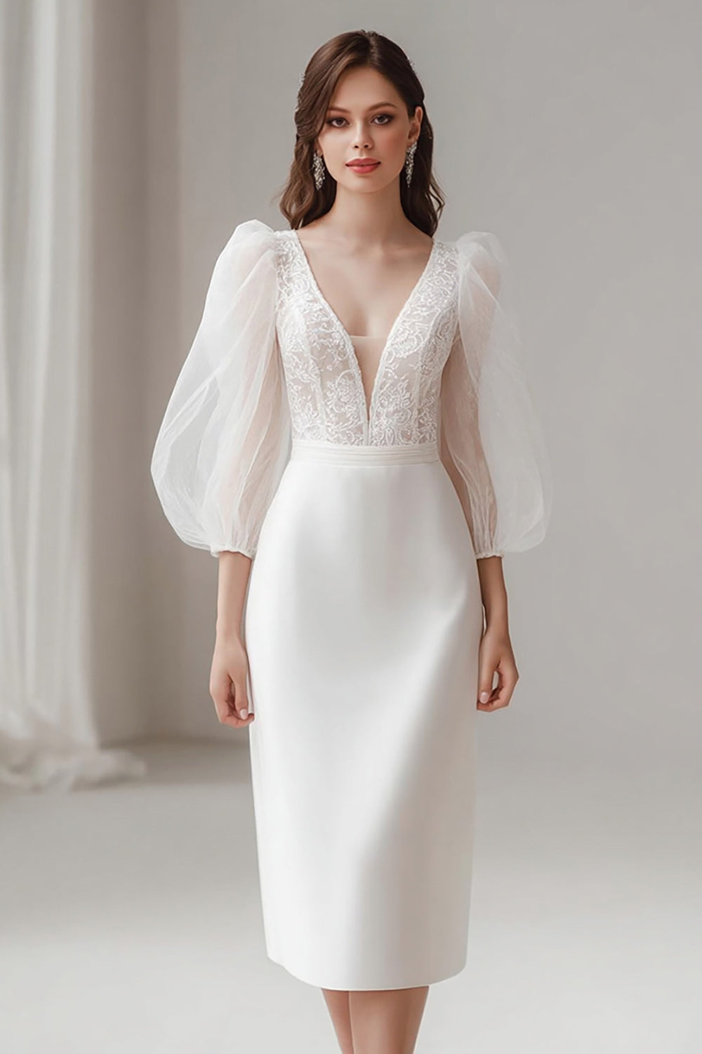 Ivory Sheat V Neck Satynowa sukienka zaręczynowa
