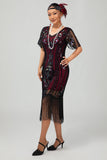 Flapper bordowa cekinowa sukienka bodycon z frędzlami z 1920 roku