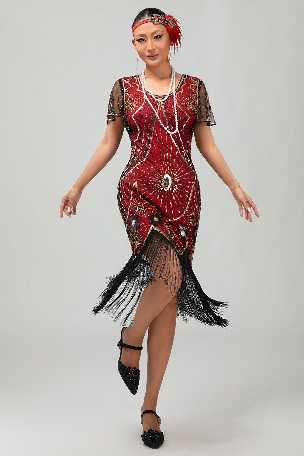 Gatsby Czarno-czerwona szufelka z frędzlami BodyconSukienka z 1920 roku z cekinami