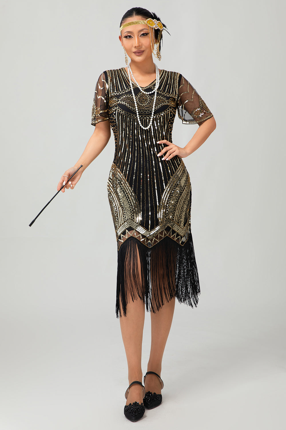 Czarno-srebrna cekinowa sukienka z dekoltem w szpic Bodycon 1920s z frędzlami