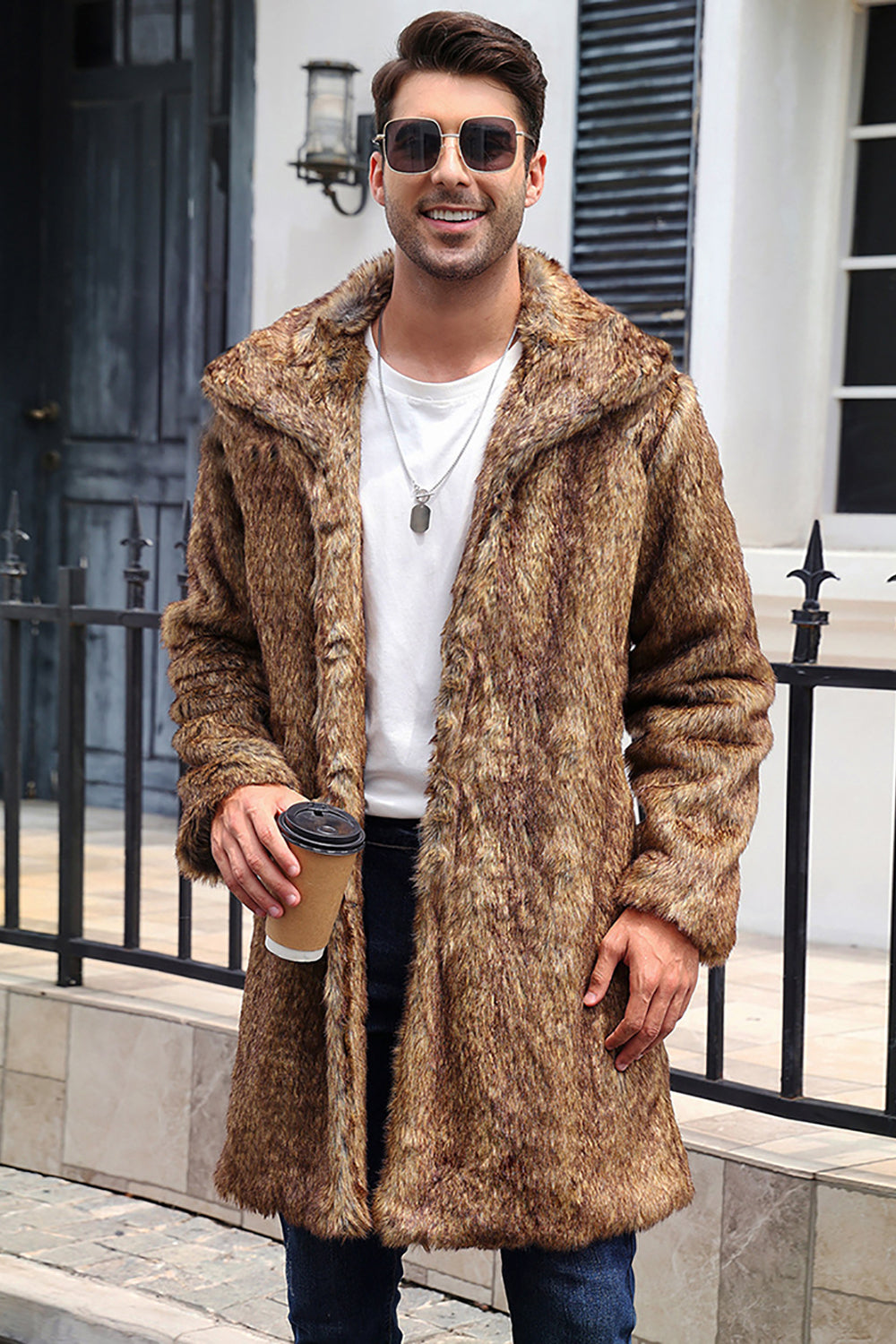 Biały Szary Długi Przód Otwarty Kołnierz Polo Futro Futro