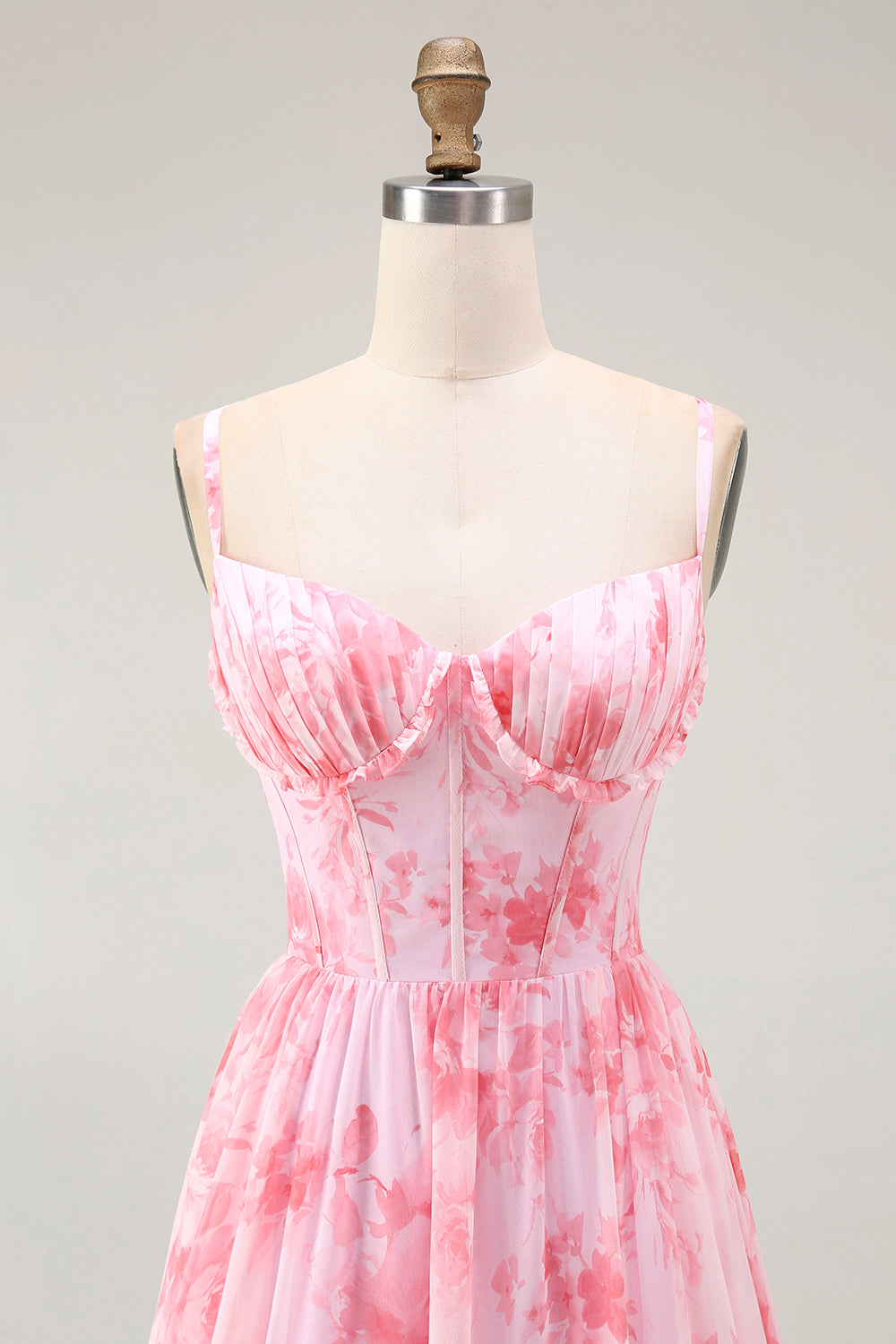 Różowy kwiatowy gorset Linia A Spaghetti Ramiączka Maxi Sukienka z rozcięciem