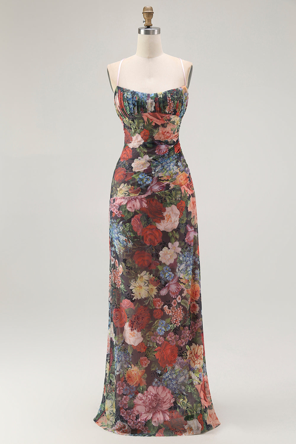 Płaszczowe ramiączka spaghetti Kwiatowa sukienka dla gości weselnych z marszczeniem z koronką z tyłu