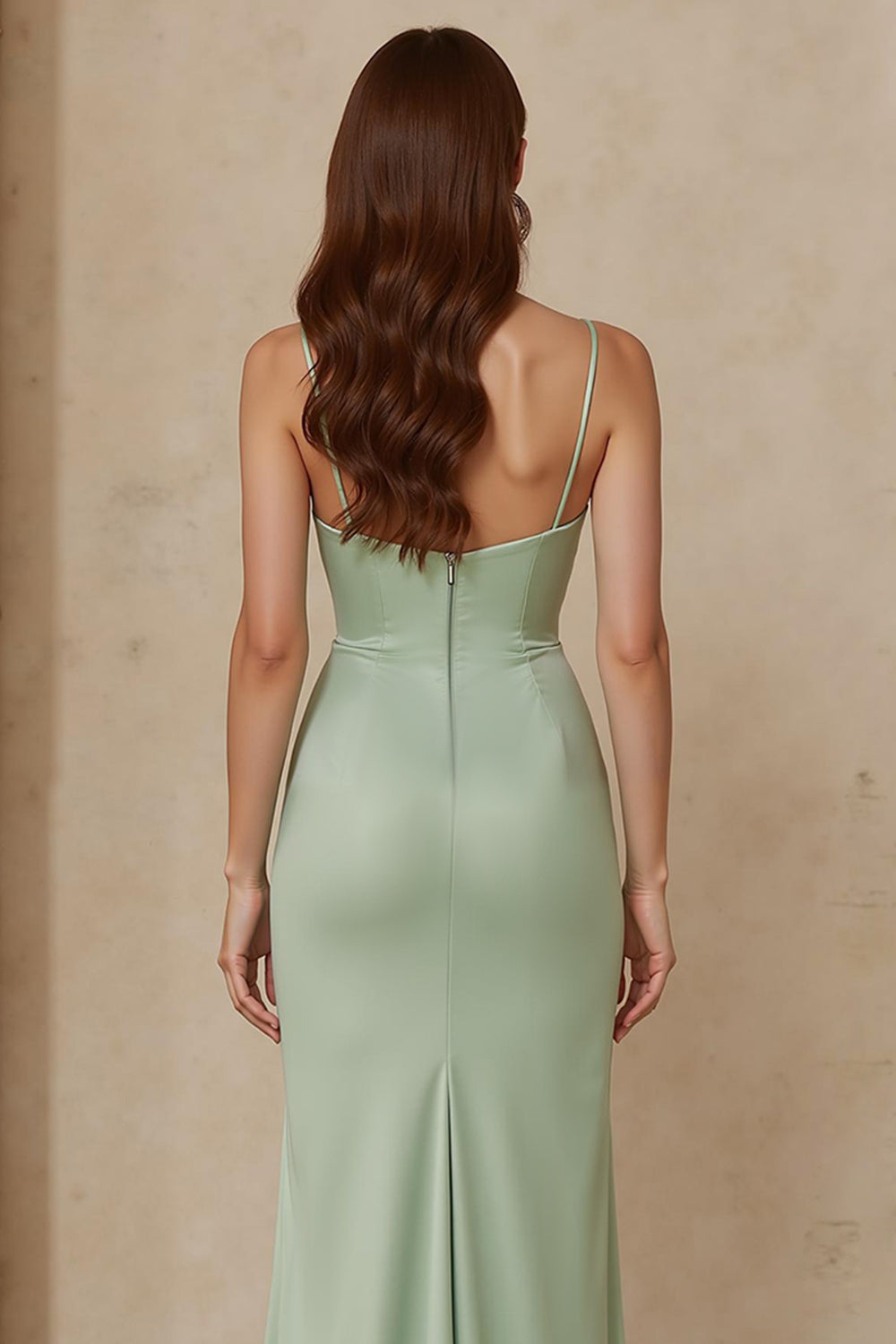 Dusty Sage Satin Sheath Spaghetti Ramiączka Długa Sukienka Druhny Z Rozcięciem