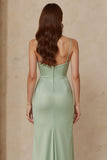 Dusty Sage Satin Sheath Spaghetti Ramiączka Długa Sukienka Druhny Z Rozcięciem