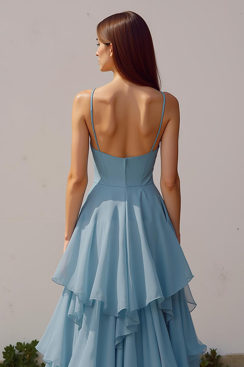 Dusty Blue A Line Szyfonowe Ramiączka Spaghetti Długa Sukienka Druhny Z Falbankami