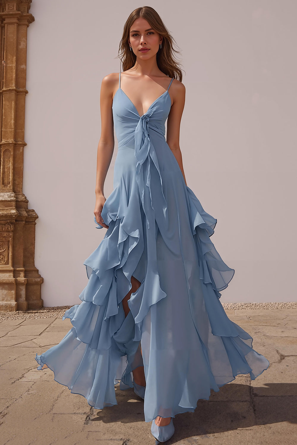 Dusty Blue Linia Potargana Ramiączka Spaghetti Długa Sukienka Druhny