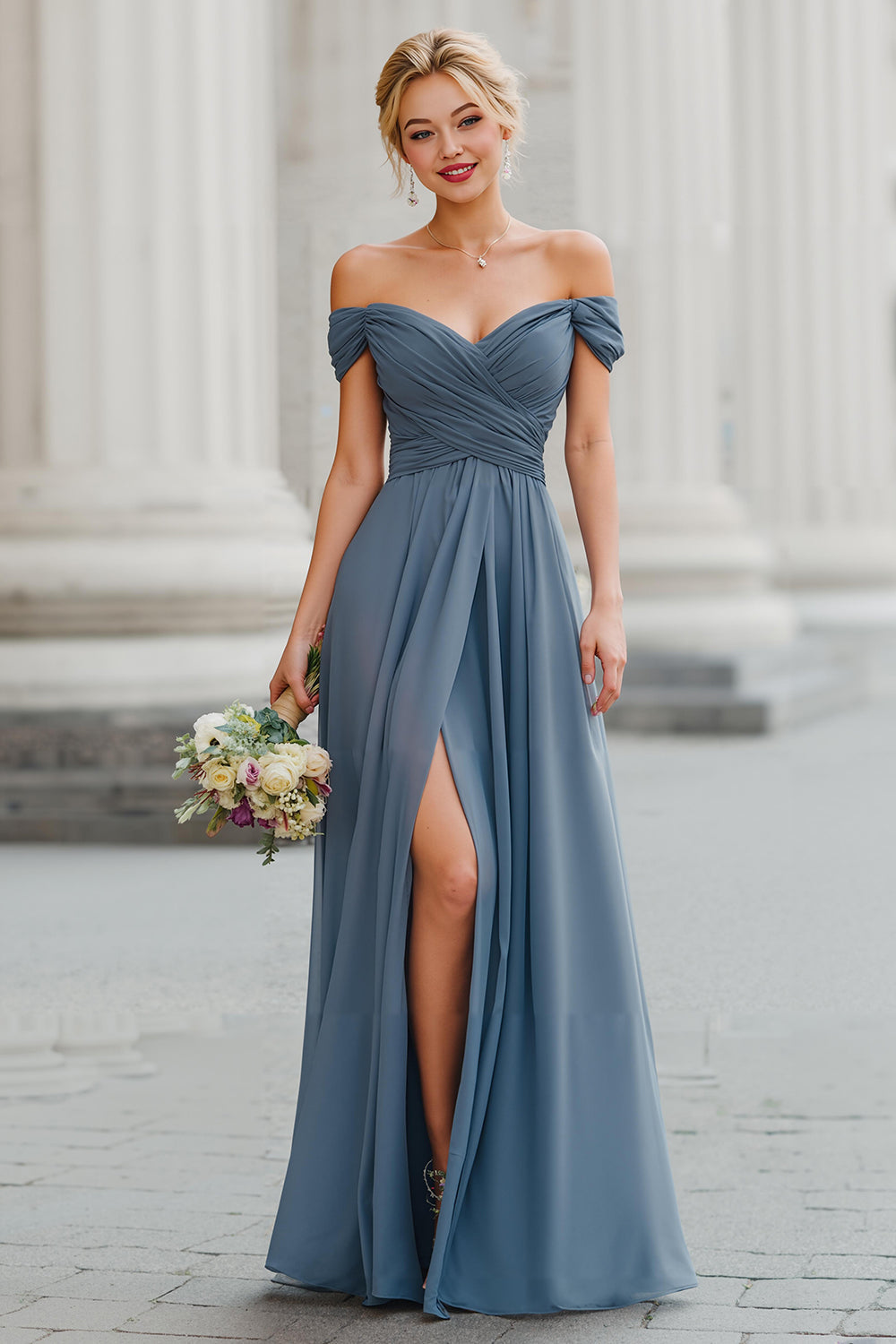 Twilight A Line Off the Shoulder Maxi sukienka dla druhen z rozcięciem